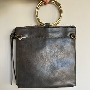 Elegant Grey Leather Handbag with Gold Accents